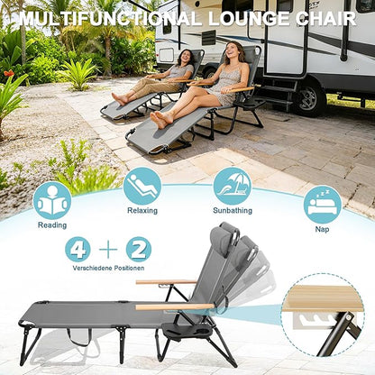 Outdoor Chaise Lounge Chair with 4-Position Adjustable Backrest, Patio Folding Sun Tanning Chair, Pillow & Cup Holder, Portable Recliner Sunbathing Lounger Chairs for Pool Beach Lawn Garden (Grey)