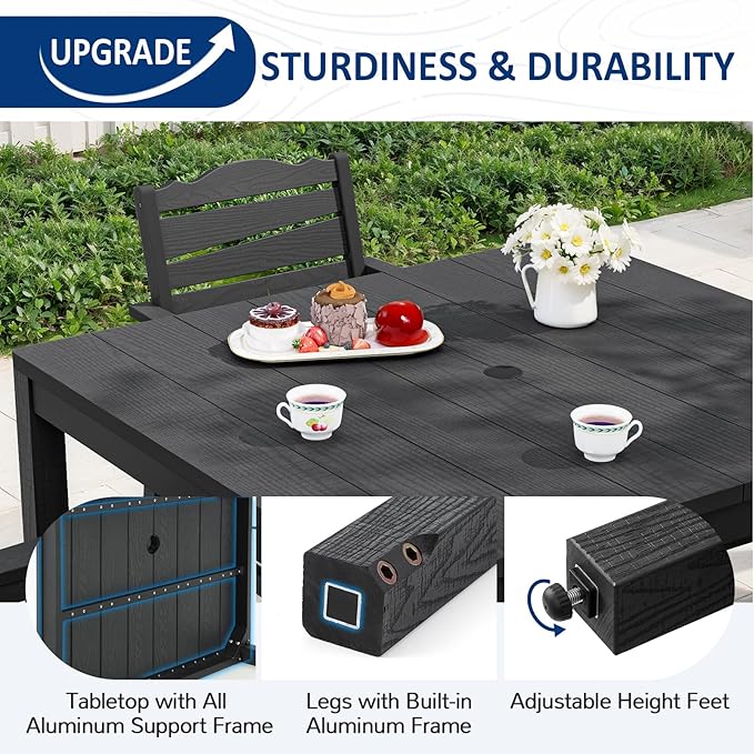 Outdoor Dining Table, Weatherproof 34" Square HIPS Patio Dining Table for 4, with 2" Umbrella Hole, Outdoor Table for Backyard Deck Poolside, Black
