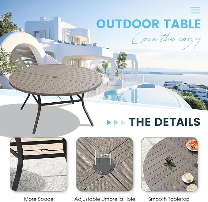 Patio Dining Table for 6, Round Metal Outdoor Table with Storage Shelf, 1.57" Umbrella Hole, 50" Outdoor Quartered Tabletop Dining Table for Backyard, Porch, Lawn, Grey