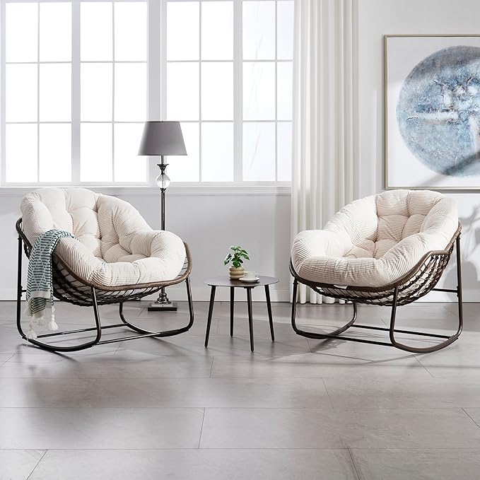 Large Indoor Rocking Chair Set of 2, Oversized Rocking Papasan Chair with Thick Cushion and Frame, Comfy Corduroy Rocker Wicker Egg Chairs Lounge Reading Chair for Living Room, Bedroom, White