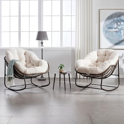 Large Indoor Rocking Chair Set of 2, Oversized Rocking Papasan Chair with Thick Cushion and Frame, Comfy Corduroy Rocker Wicker Egg Chairs Lounge Reading Chair for Living Room, Bedroom, White