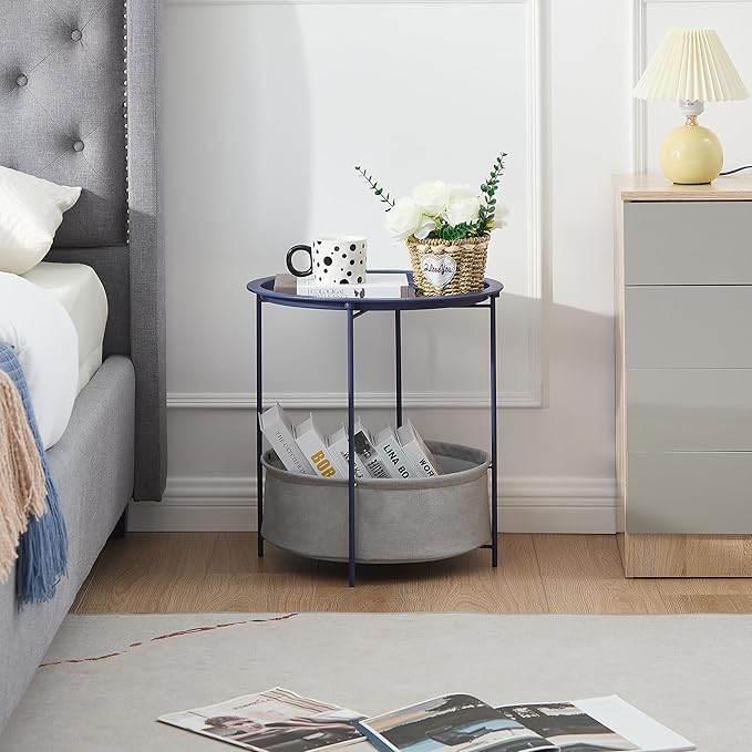 VECELO Round Side/End Table with Fabric Storage Basket，Metal Anti-Rust and Waterproof Small Bedside Nightstand with - Photo 6