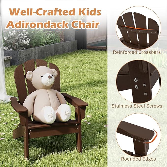 Costzon Adirondack Chair Set of 2, All-Weather HDPE Patio Chair with Armrests, Fire Pit Chair for Ages 3-8, Outdoor Patio Lounge Chair for Garden, Lawn, Backyard (Brown)