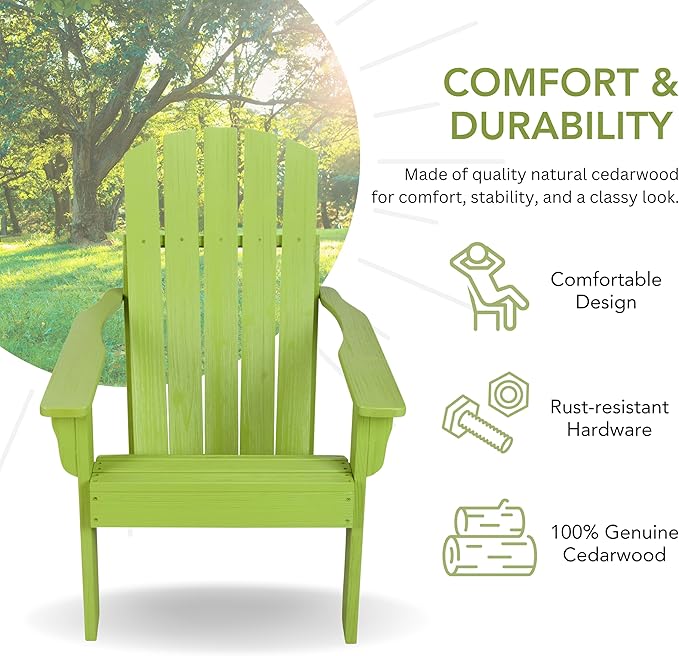 Shine Company Mid-Century Modern Wooden Adirondack Chair, Outdoor Patio Firepit Chairs, Back & Seat Pre-Assembled, Lime Green