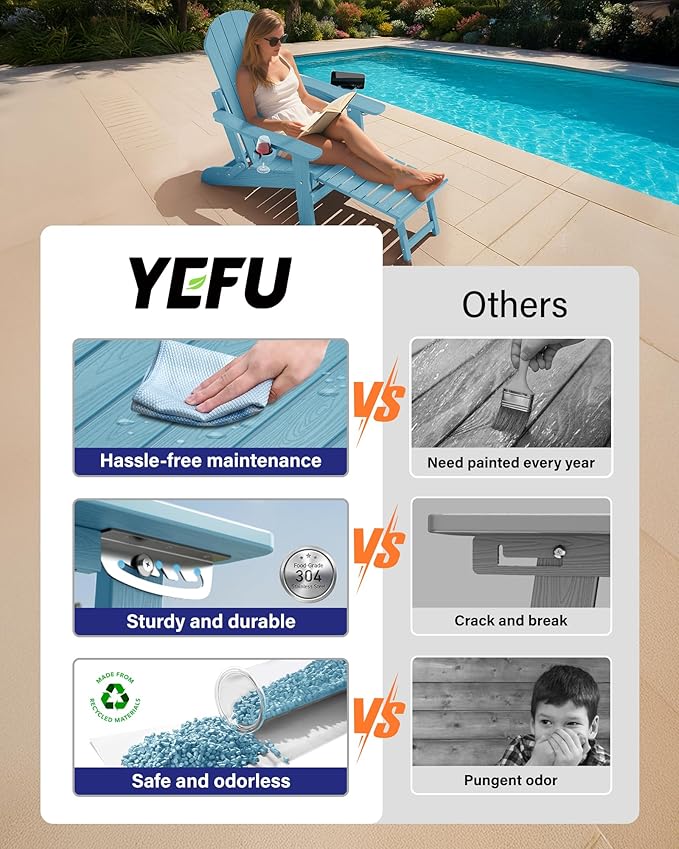 YEFU Adjustable Adirondack Chair with Retractable Ottoman Set of 6,Folding Adirondack Chair with 2 Cup-Holders, Outdoor Chairs with Footrest,Weather Resistant Fire Pit Chairs,for Patio Lawn(Blue)