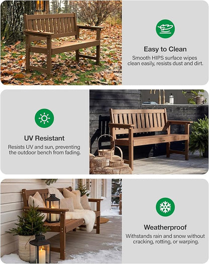 YEFU Outdoor Bench Weatherproof for Patio: 2-Person HIPS All Weather Garden Benches - Comfortable & Heavy Duty Patio Benches for Front Porch Backyard Park - Outside Furniture Bench Set of 2, Teak