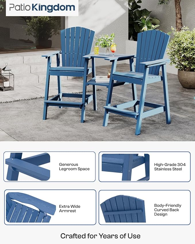 Tall Adirondack Chairs Set of 2 with Removable Tray, HDPE Bar Height Adirondack Bar Stools, High Back Patio Chairs for Balcony, Deck, Lawn, Backyard, All-Weather Outdoor Furniture, Navy Blue