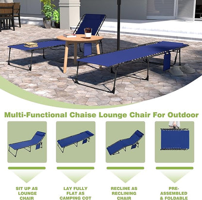 Outdoor Foldable Lounge Chair, Chaise Lounge Outdoor with Detachable Pillow & Pocket, Portable Tanning Chair with 5 Position Adjustable Back, Patio, Beach and Pool, Blue
