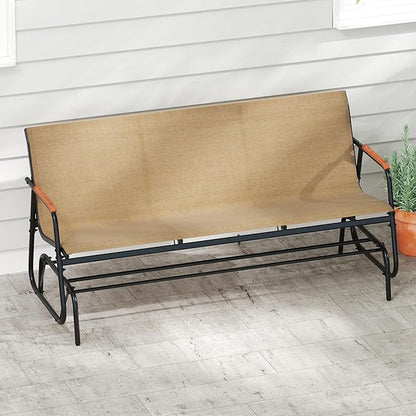 Tangkula 3-Person Outdoor Glider Bench, Patio Gliding Loveseat with Breathable Fabric Seat, Curved Teak Wood Armrests and Metal Frame, Swing Rocking Chair for Backyard, Garden, Porch, Balcony (3 Seat)