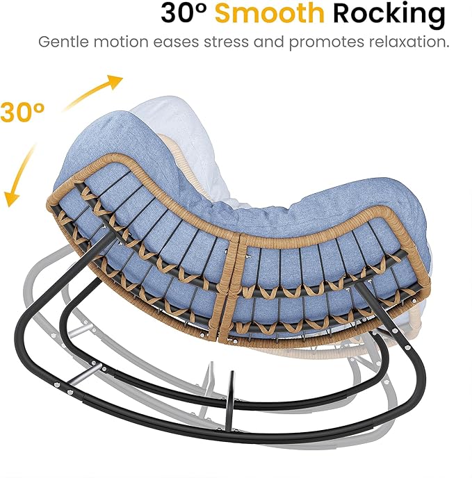 Oversized Papasan Rocking Chair Outdoor, Comfy Wicker Patio Papasan Egg Rocker with Thick Cushion for 450 lbs - Photo 7
