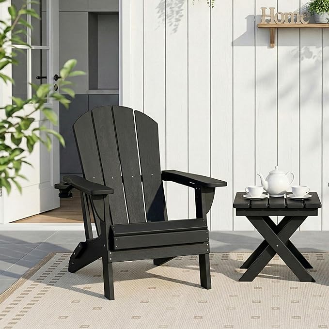 Kingdura Foldable Adirondack Chair, Portable HDPE All Weather Resistant Outdoor Patio Chair, Wooden Textured with Cup Holder, 380LBS Capacity for Poolside, Backyard, Deck, Fire Pit (Black)