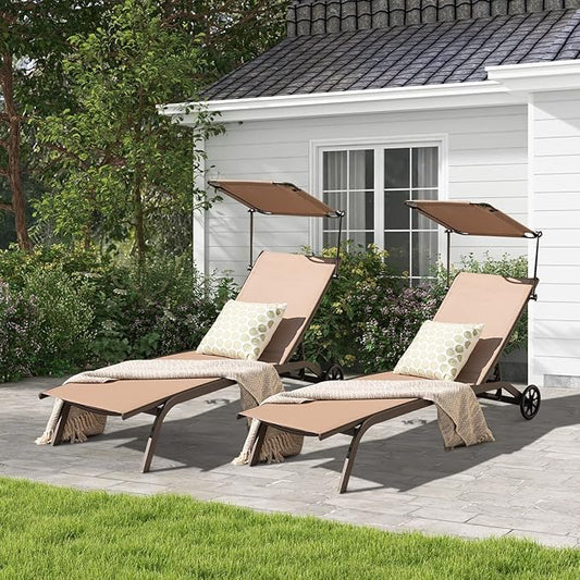 Giantex Set of 2 Outdoor Chaise Lounge Chair, Tanning Chair with Sunshade, Smooth Wheels, 6-Level Adjustable Position, Cup Holder, Metal Frame, Patio Chaise Lounge for Sunbathing, Yard, Poolside (2)
