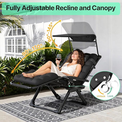 Suteck Zero Gravity Chair with Canopy, Reclining Camping Lounge Chair w/Removable Cushion, Upgraded Lock and Cup Holder, Reclining Patio Chairs Folding Recliner for Indoor and Outdoor