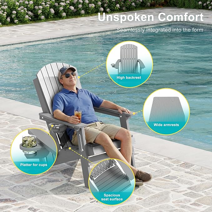 HDPE Foldable Adirondack Outdoor Chair Set of 4 with Cup Holder, Weather Resistant Heavy-Duty Patio Chair for Patio, Backyard, Deck, Fire Pit, Lawn and Porch, Silver Grey