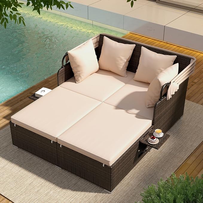 ORALNER Outdoor Daybed, 2-Person Wicker Patio Sofa with Retractable Canopy, Cushions & Pillows, 2 Side Trays - Photo 3