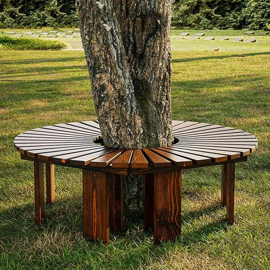 Wooden Garden Curved Bench, Half Round Outdoor Tree Bench, Wrap Around Park Backless Bench Outdoor Furniture, Garden Stool Patios Lawn Tree Chair Solid Wood Slatted Seat (Round)