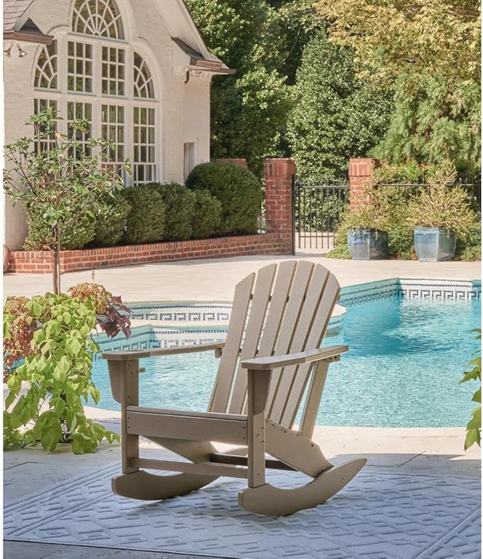 Signature Design by Ashley Sundown Treasure Cottage Weather Resistant Outdoor Rocking Chair with 1 Cup Holder, Light Brown