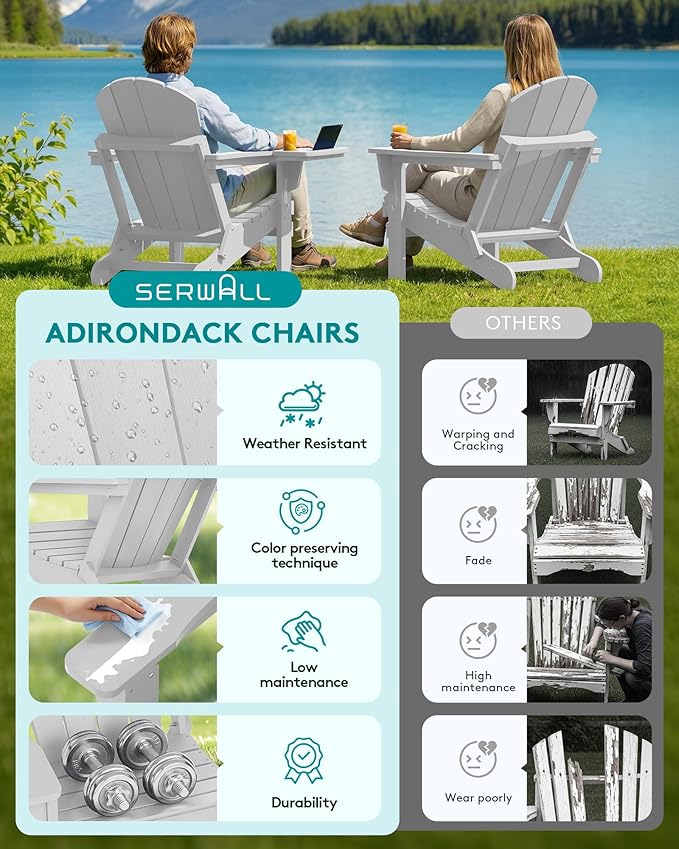 SERWALL Folding Adirondack Chair, Patio Adirondack Chairs with 4 in 1 Multi-Functional Cup Holder, Wooden Textured, All Weather Plastic Fire Pit Chair for Outdoor, Garden, Backyard, Deck- Spanish Gray