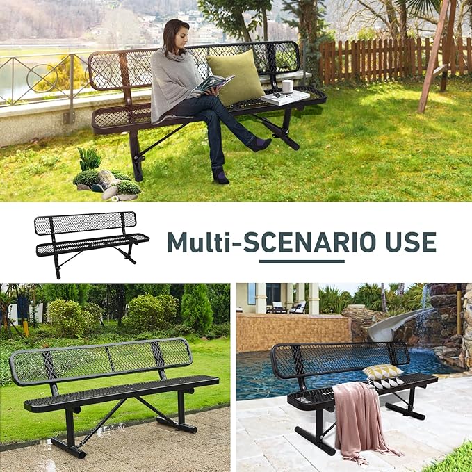 6Ft Heavy Duty Park Bench with Back Portable Frame, Outdoor Steel Bench with Backrest, Expanded Metal Mesh Bench for Lawn, Park, Deck, Garden, Patio, Porch, Black