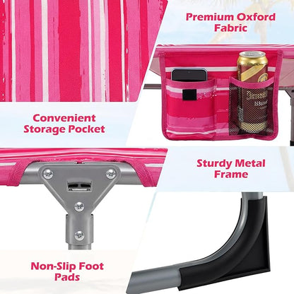GYMAX Tanning Chair with Face Hole, Sun Bathing Lounge Chairs for Outside with Side Pocket, Folding Portable Face Down Layout Tanning Chair Beach, Backyard, Poolside, Lawn (Pink Stripe,1)