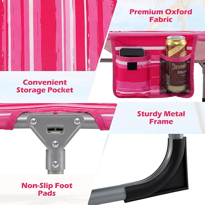 GYMAX Tanning Chair with Face Hole, Sun Bathing Lounge Chairs for Outside with Side Pocket, Folding Portable Face Down Layout Tanning Chair Beach, Backyard, Poolside, Lawn (Pink Stripe,2)