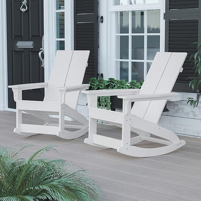 Flash Furniture Finn Modern Commercial Poly Resin Wood Adirondack Rocking Chair - All Weather White Polystyrene - Dual Slat Back - Stainless Steel Hardware - Set of 2
