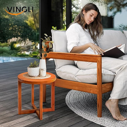 VINGLI Solid Wood Outdoor Side Table, Weather-Resistant Round Patio End Accent Table for Garden, Balcony, Porch, Natural