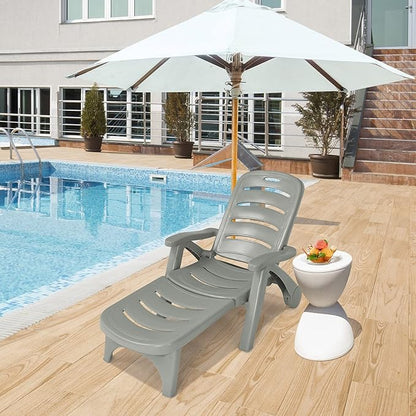 Moccha Folding Chaise Lounge Chair - Plastic Patio Lounger w/ 2 Rolling Wheels, 5-Adjustable Positions, Armrests, Outdoor Lounge Recliner for Poolside Yard Garden Sunbathing Beach Chair (2, Grey)