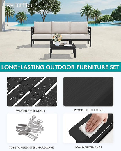 SERWALL HDPE Outdoor Furniture Set, 4 Pieces Patio Sectional Sofa Set, All-Weather Wood-Like Outdoor Sofa with Coffee Table for Deck, Garden, Black Frame with Khaki Cushion
