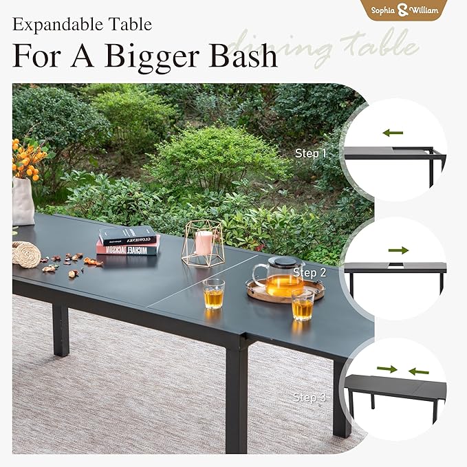 Sophia & William Expandable Patio Dining Table, Extra Large 99.2" L x 35.5" W Outdoor Dining Table for 6-10 Person Metal Rectangular Patio Table with E-Coating for Garden Porch Deck (Black)