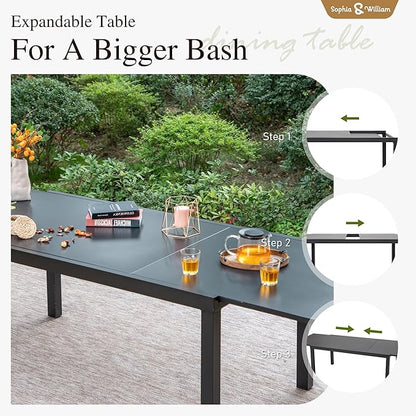 Sophia & William Expandable Patio Dining Table, Extra Large 99.2" L x 35.5" W Outdoor Dining Table for 6-10 Person Metal Rectangular Patio Table with E-Coating for Garden Porch Deck (Black)