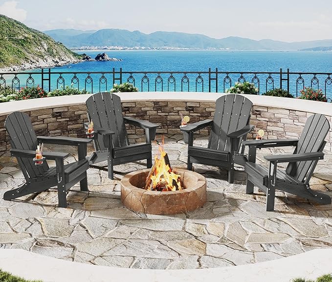 Garvee Folding Adirondack Chair Set of 4, HDPE Outdoor Patio Chair with Cup Holder, All Weather Resistent Wooden Textured for patios, Decks, Gardens, fire Pit, Grey