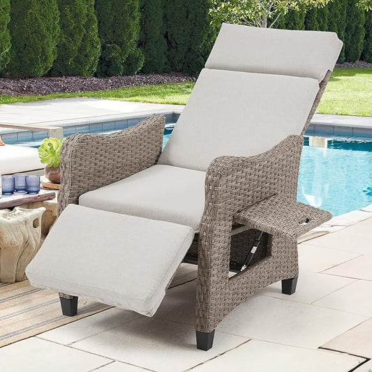 HOMREST Outdoor Recliner Chair with Flip-up Table, Wicker Reclining Chair with 150°Adjustable Backrest, Rattan Armchair with Integrated Footstool & Removable Cushion for Gardens, Light Gray