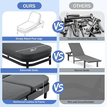 Merax Outdoor Lounge Chair Set of 2, Modern Aluminum Chaise Loungers with Premium Olefin Cushions, UV-Resistant & Water-Resistant, 5-Level Reclining, for Patio, Poolside, Garden, Gray