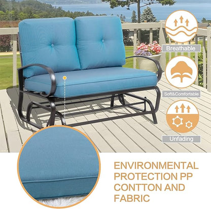 JY QAQA Outdoor Patio Metal Swing Glider Rocking Bench,Garden Loveseat Porch Furniture Glider, Steel Frame Chair Set with Cushion, Light Blue
