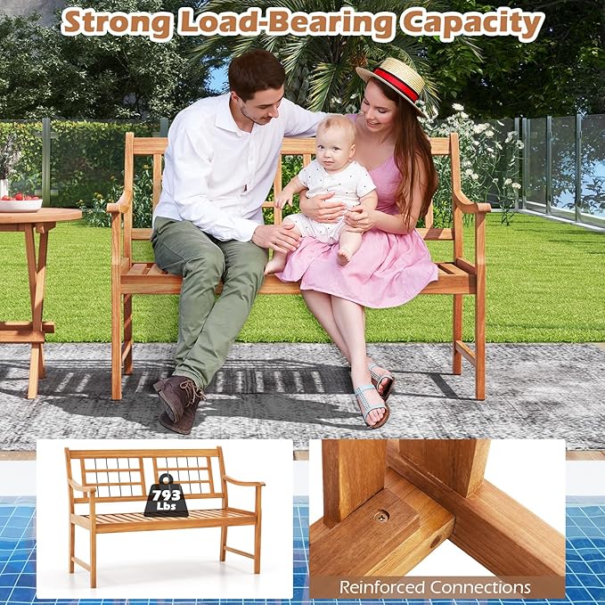 HAPPYGRILL Outdoor Acacia Wood Bench, 2-Person Patio Bench with Slatted Seat, Backrest & Armrests, 800 Lbs Max Load, Accent Patio Loveseat, Outside Bench for Garden Yard Lawn