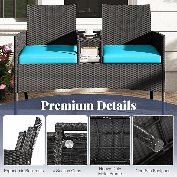 HAPPYGRILL Outdoor Rattan Loveseat, 2-Seat Patio Conversation Set with Built-in Coffee Table, Cushions, Wicker Bench Furniture for Backyard, Garden, Balcony, Porch (Turquoise)