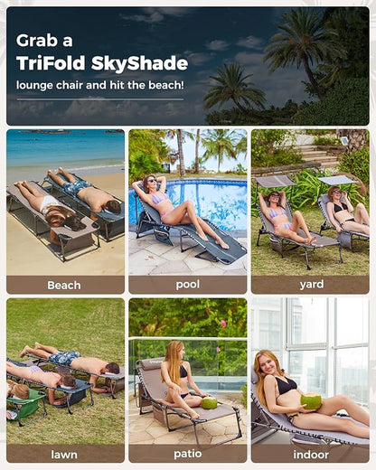 KingCamp 2 Pack Tanning Chair with Face Hole, Lounge Chairs Outdoor Folding Portable Comfy Adjustable 5-Position Foldable Chaise Chaser with Canopy Shade for Outside Beach, Beige