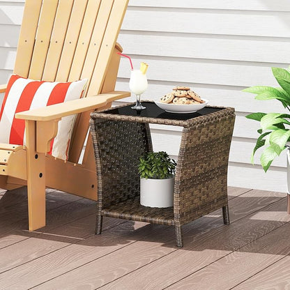 Outdoor Wicker Side Table Rattan Side Tables End Table for Patio with Glass Top Rattan Storage for Patio Garden Balcony