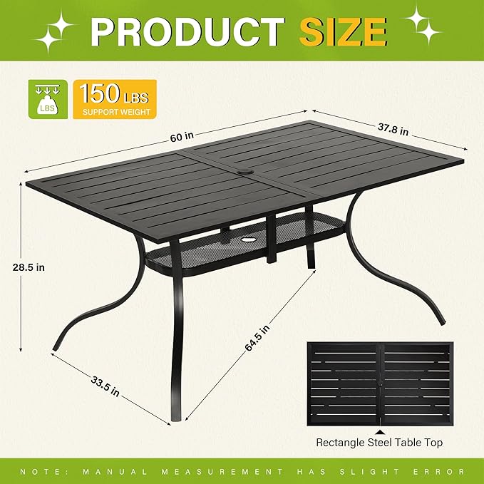 Incbruce Patio Dining Table, 60" x 37" Rectangle Metal Steel Slat Table, with 1.57" Umbrella Hole, for Backyards, Porches, Gardens or Poolside