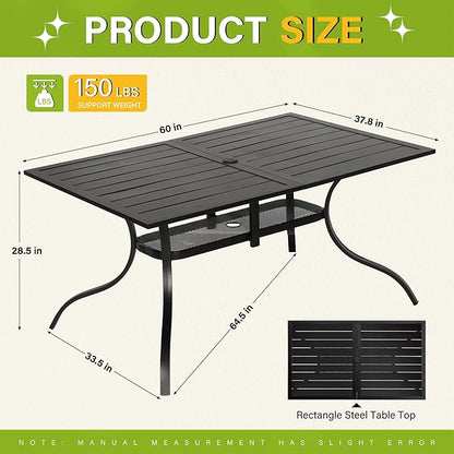 Incbruce Patio Dining Table, 60" x 37" Rectangle Metal Steel Slat Table, with 1.57" Umbrella Hole, for Backyards, Porches, Gardens or Poolside