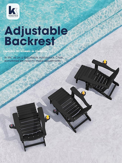 KINGYES Folding Adjustable Adirondack Chair with Retractable Ottoman Set of 2, HDPE Oversized Outdoor Chair with Cup Holder, Wood-Like Recliner Versatile Adirondack Chair, Black