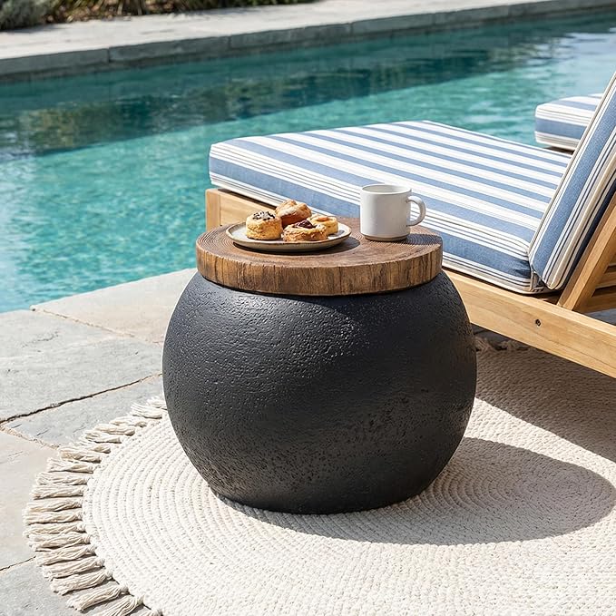 HOMPUS Concrete Outdoor Side Table Jar Shaped Round Coffee Table, Home Decor Plant Stand Outdoor Accent Modern Nightstand Patio Drum End Table for Living Room, Bedroom or Balcony,No Assembly