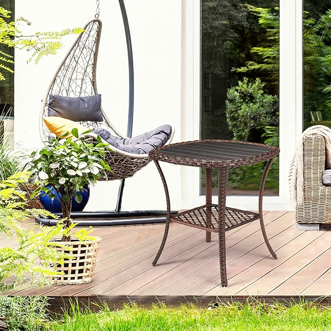 Outdoor Side Table Patio Wicker Coffee Table Outdoor End Table Rattan Bistro Table with Storage & Poly Lumber Table Top Square for Outside Balcony Porch Backyard Deck Brown