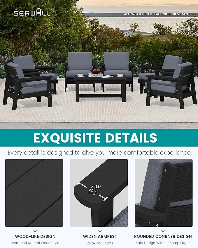 SERWALL HDPE Outdoor Furniture Set, 7 Piece All Weather Wood-Like Outdoor Sofa Sectional Couch - Photo 4