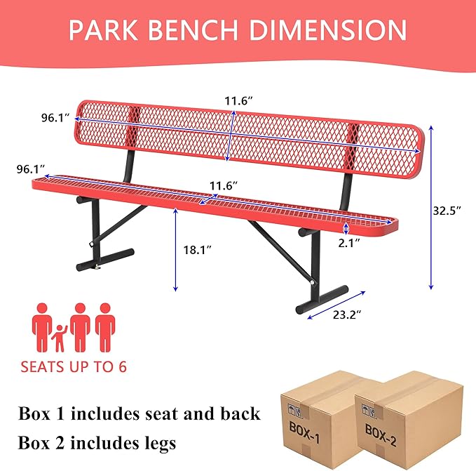 8 Ft Metal Park Bench for Outside, All-Weather Thermoplastic Coating Outdoor Bench with Backrest, Commercial Heavy Duty Benches for Shopping Malls, Stores, Parks, Patios, Decks,Red