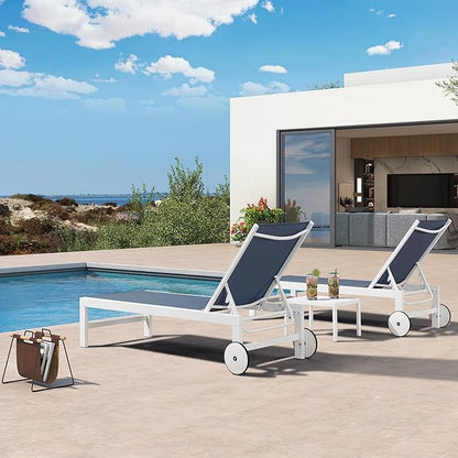 PURPLE LEAF Outdoor Chaise Lounge Chairs Set of 2 White Aluminum Lounge Chair Five-Position Adjustable Chaise with Wheels and Table for Pool Deck Patio, Indigo