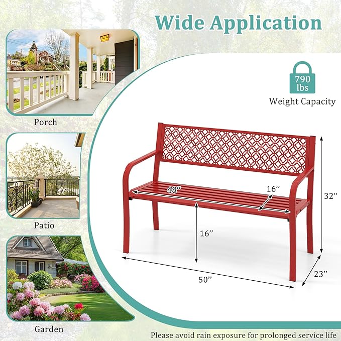 Tangkula 50 Inches Outdoor Garden Bench, Metal Patio Park Bench with Geometric Lattice Backrest, Armrests and Slatted Seat, Outdoor Loveseat Chair for Porch, Lawn and Yard (Red)