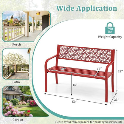Tangkula 50 Inches Outdoor Garden Bench, Metal Patio Park Bench with Geometric Lattice Backrest, Armrests and Slatted Seat, Outdoor Loveseat Chair for Porch, Lawn and Yard (Red)