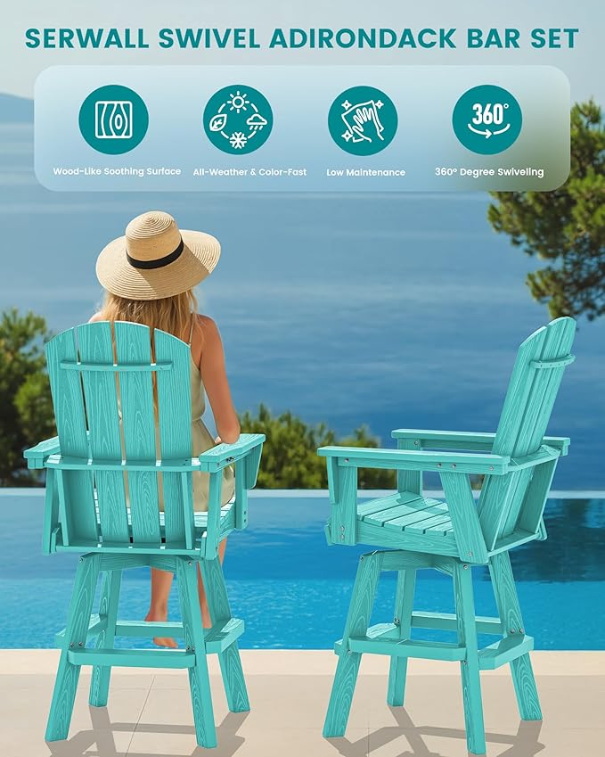 SERWALL Swivel Adirondack Barstools Set of 2, HDPE Outdoor Swivel Bar Chairs Set of 2 for Patio, Poolside, Garden, Aruba - Photo 8